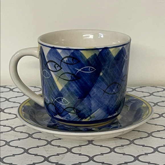 unmarked Other - MCM Blue and Yellow Fish Pattern Cup and Saucer / oversized mug